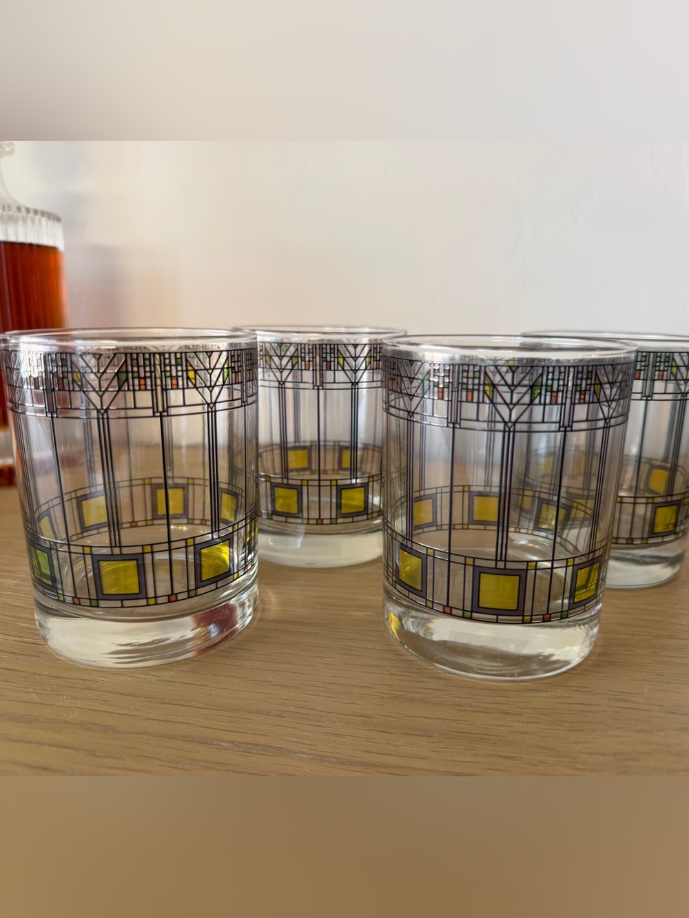 Set of 4 art deco Decorative Glass Tumblers with Yellow Geometric Accents